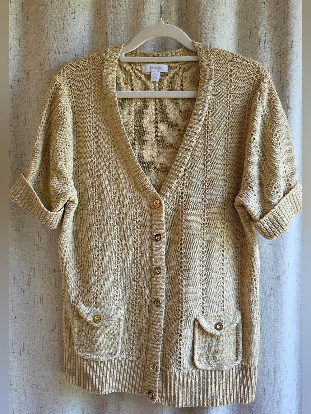 Charter Club Short Sleeve Cardigan Cream With Gold L